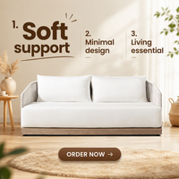 Modernes Outdoor-Seilgewebtes Aluminium- und Holz-3-Sitzer-Sofa, Tiefe Sitzgarnitur mit Weißen Kissen für Garten, Dachterrasse und Balkon