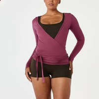 Haut de yoga longue manche 2026 personnalisé pour femme, uni, léger, transparent, style ballet, extensible, réversible, col en V profond, à nouer devant