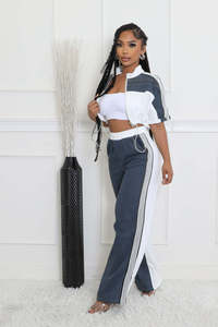 Conjunto de Calças de Jeans com Detalhes em Denim e Zíper, Top com Gola, Calças de Perna Larga, Conjunto <span class=keywords><strong>Casual</strong></span> Feminino - Product Image 6