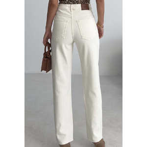 กางเกงยีนส์ทรงตรงแบบมัมฟิตสำหรับผู้หญิง เอวสูง ผ้าเดนิม 100% ผ้าฝ้าย ซักได้ สีขาว สไตล์ยีนส์ - Product Image 3