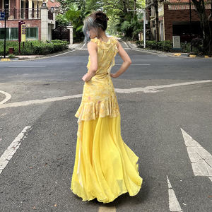 Ensemble deux pièces robe et jupe à imprimé floral pastoral français pour femme, motif irrégulier, tenue décontractée estivale et fraîche - Product Image 6