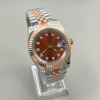Montre automatique mécanique en acier inoxydable bicolore or rose et argent, cadran feuille de palmier avec diamants, étanche 50M, lunette cannelée, bracelet Jubilee