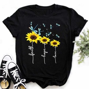 [Talla Europea] Camiseta Informal de Algodón Kawaii para Mujer, Marca <span class=keywords><strong>Maycar</strong></span>, con Estampado de Girasoles y Mariposas, Manga Corta, Cuello Redondo - Product Image 3
