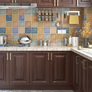 古色砖棕色蓝色方形胶合油烟贴纸厨房浴室大理石木台面自粘墙纸