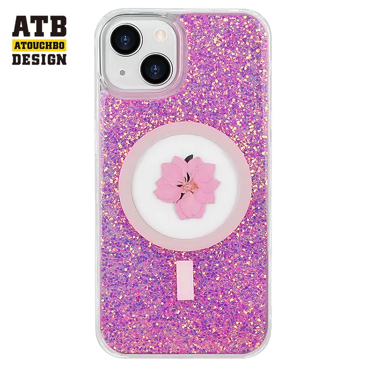 Luxury Dried Flower Glitter Powder Magnetic Adhesive Epoxy Phone Case phone cover For Iphone 13 pro max mobile cover