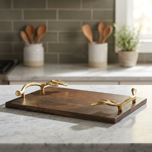 B.S INTERNATIONAL NA162 Handmade Engraved Simple Style Polished Wooden <b>Tray</b> Gold Leaf <b>Handles</b> Eco-Friendly Decorative Dishwasher - Product Image 1