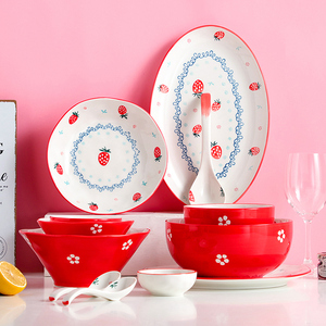 Mangkuk Ramen keramik 8 inci ramah lingkungan 1200ml dengan desain lukisan tangan stroberi merah mangkuk mie Mircowavable mudah microwave - Product Image 4