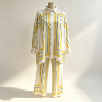 Ensemble deux pièces de luxe pour femme 2026, toucher satiné, imprimé lignes géométriques jaunes, chemise à manches longues et pantalon droit