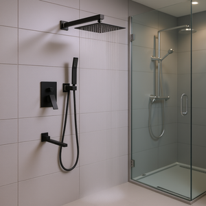 Juego de ducha cuadrado de 10 pulgadas con mezclador, acabado negro mate, sistema de accesorios de baño montado en la pared - Product Image 2