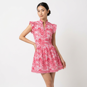 Lightweight Modern Simple Vintage Floral Pink Knitted Cotton V-Neck Knee-Length <b>Ruffle</b> Sleeve Breathable Eco-Friendly Fit Flare - Product Image 1