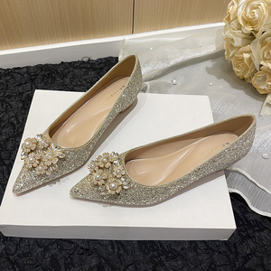 Fibbia quadrata ad acqua pesante industria glitterata tacco a punta scarpe singole piatte <span class=keywords><strong>con</strong></span> paillettes materiale superiore - Product Image 5