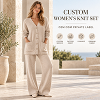 Ensemble 2 pièces en tricot côtelé pour femme, cardigan à col en V avec boutons et poches, et pantalon large assorti pour la détente à la maison