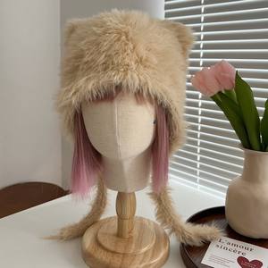 Chapeau d'ours Lei Feng en peluche mignon pour femme avec protection des oreilles chaude pour l'automne/hiver, cordon de serrage, fibres acryliques douces et cirées - Product Image 5