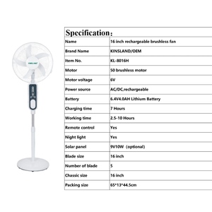 Ventilador de Pie Recargable Solar con Motor sin Escobillas de 16 Pulgadas, Batería de Litio, Refrigeración Silenciosa para Hogar, Exteriores y Hotel KL-8016H Recargable - Product Image 6