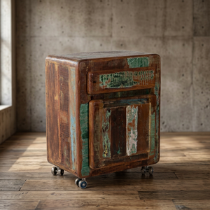 Table de chevet rustique en bois de récupération, écologique et durable, avec tiroir et roulettes, style antique fait main, meuble de chambre à coucher - Product Image 3