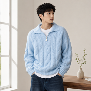 Pull-over en laine tricoté <span class=keywords><strong>marron</strong></span> pour <span class=keywords><strong>homme</strong></span> AiNear, col <span class=keywords><strong>polo</strong></span>, demi-fermeture éclair, motif torsadé, personnalisable avec logo, OEM & ODM, vente en gros - Product Image 2