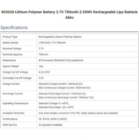 Batterie au lithium polymère 803030 3.7V 700mAh 2.59Wh rechargeable Lipo Batterie Akku