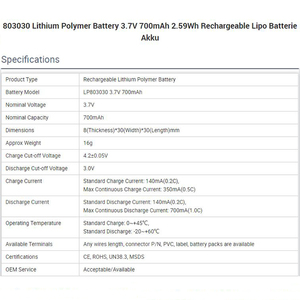 Baterai Lithium Polymer 803030 3.7V 700mAh 2.59Wh Isi Ulang Lipo Batterie Akku - Product Image 5