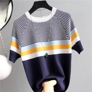 Nuovo maglione estivo coreano a contrasto in seta lavorato a maglia da <span class=keywords><strong>donna</strong></span> Pullover Slim Fit t-shirt tinta unita manica corta - Product Image 3