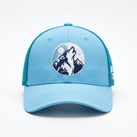 Topi Baseball Outdoor Bordir Serigala, Logo Bordir, Dua Warna Biru Muda Teal, Cepat Kering, Jaring Berlubang