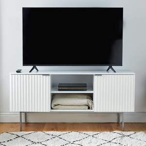 Modern Ridged TV Cabinet Large Entertainment <strong>Unit</strong> W/ 2 <strong>Cupboards</strong>, Open <strong>Shelving</strong> &amp; Silver Legs - White TV <strong>Unit</strong> for Living Room - Product Image 4