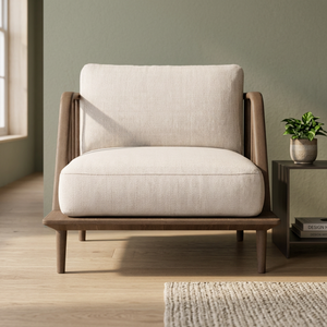 Fauteuil lounge scandinave Mikkeli blanc, structure en bois massif Mindi avec coussin en mousse et tissu, salon, hôtel, appartement, bureau - Product Image 4