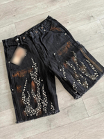 Shorts d'été pour hommes Difan Custom West Coast, style streetwear, taille mi-haute, coupe ample, avec effet usé, délavé à la barbe et orné de perles