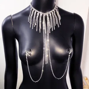 Yeni kristal Rhinestone kolye vücut zinciri kadınlar için seksi iç çamaşırı meme takı olmayan Piercing takı uzun zincir