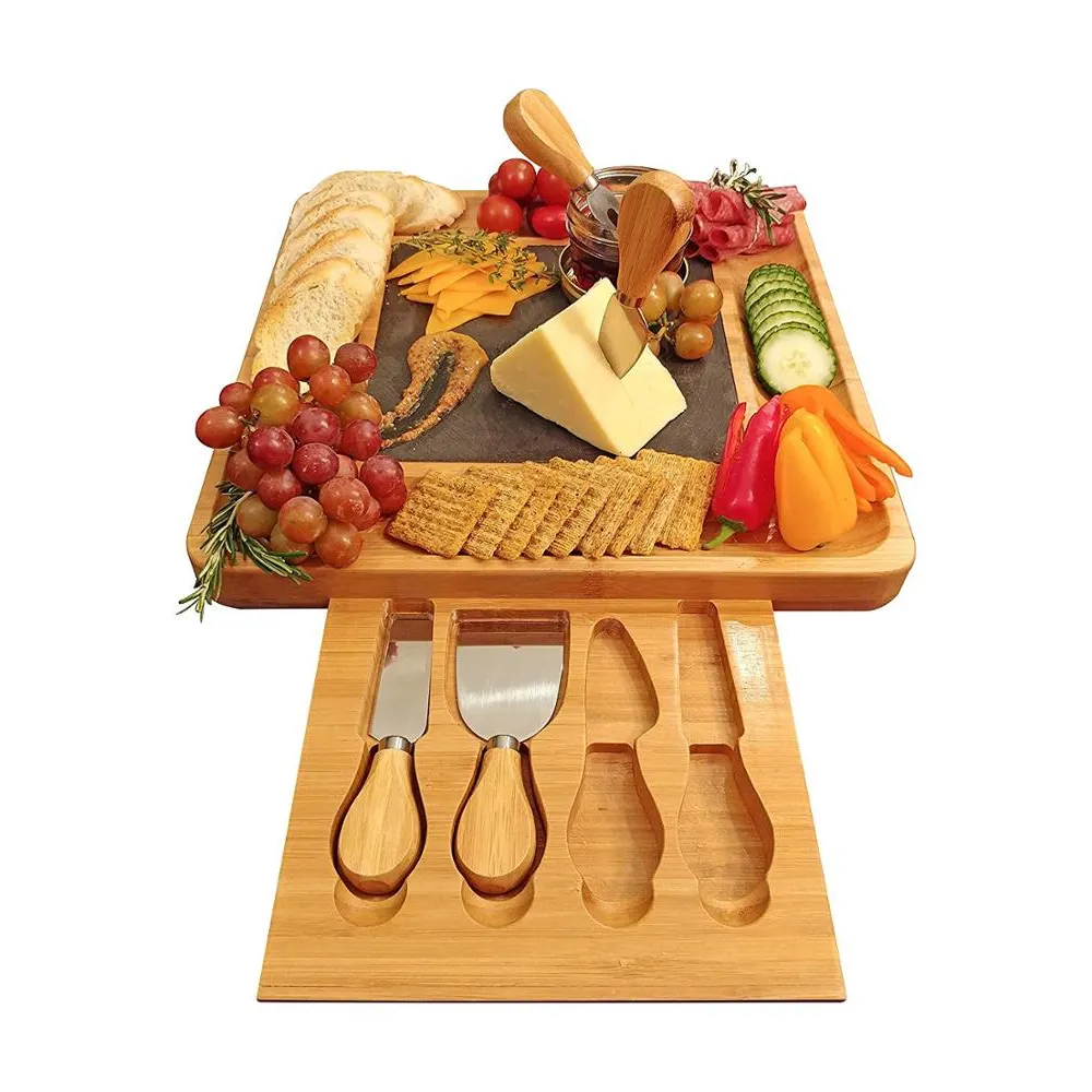 New 2021 Round Custom Wood Foldable Bamboo Set Chop Swivellling Cheese Rotate Tapas Kitchen Rack Cutting Board With Knives
