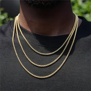 Boîte en acier inoxydable 3mm, chaîne collier Hip Hop boîte maillons chaînes hommes 14k 18K plaqué or rond Rolo boîte chaîne collier