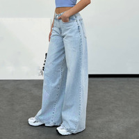 Jean en denim taille haute pour femme, coupe large, délavé clair, avec ceinture, style streetwear, qualité supérieure, coupe boyfriend ample