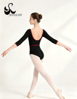 Justaucorps de danse pour filles Anna Shi noir avec bordure rouge, manches 3/4, pour entraînement de ballet, cours de danse professionnels, combinaison de pratique