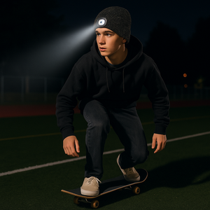 Dệt Kim Màu Đen Vàng Và Bạc Chủ Đề <span class=keywords><strong>Beanie</strong></span> Với LED Tập Tin Đính Kèm Trên Các Bên Hoàn Hảo Cho Ban Đêm Ngoài Trời Skull Cap LED <span class=keywords><strong>Hat</strong></span> - Product Image 6