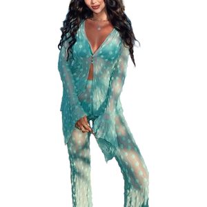 Conjunto de Playa Personalizado 2026 para Mujer, con Estampado de Lunares, Manga Larga, Chifón Transparente, 2 Piezas, Cintura Elástica, Cuello en V Profundo, Estilo Holgado, Traje de Verano - Product Image 2