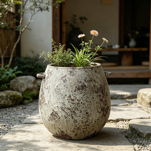 Pot de jardin rustique d'extérieur, grand vase à large ouverture, pot en céramique artisanal pour bonsaï, plantes en pot et décoration de patio - Product Image 2