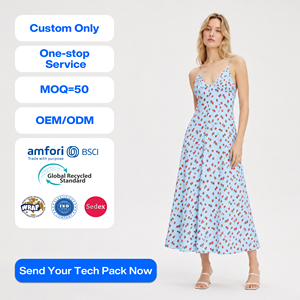 SHENGFU <span class=keywords><strong>Ropa</strong></span> Personalizada para Mujer, Vestido Largo Informal con Estampado Floral, Vestido <span class=keywords><strong>de</strong></span> Verano Azul con Fresas, Cuello en V, Tirantes Finos - Product Image 1