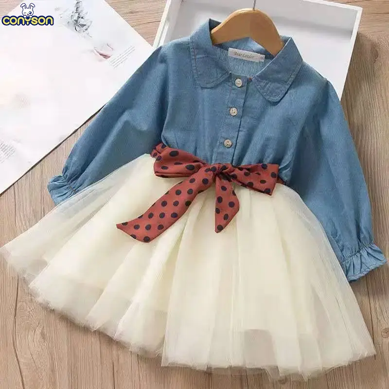 Conyson 2024 New Baby Girls Casual Long Sleeve Mesh Dresses Spring Toddler Polka Dot Bow Party Princess Children Clothes Dress