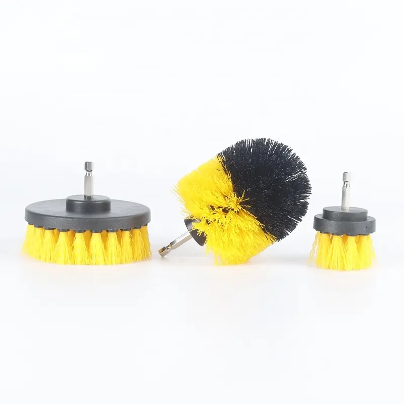 Precio de fabricación, 3 uds., Kit de herramientas de limpieza de automóviles, cepillo para detalles automáticos, Juego de cepillos de limpieza de taladro amarillo para lavar la rueda Interior
