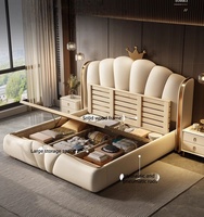 Cadre de lit en cuir véritable de luxe moderne personnalisable, taille Queen ou King, lit plateforme rembourré, cadre en bois de pin massif, Santafy