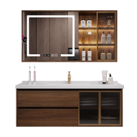 Ensemble de meuble-lavabo mural moderne en MDF laqué noyer avec miroir intelligent intégré et vasque en céramique