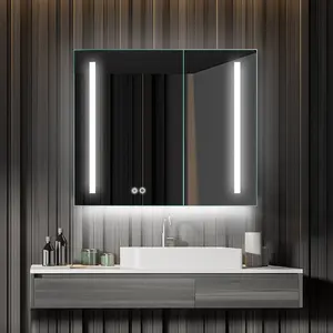 Impermeabile MDF illuminato antiappannamento LED armadietto dei medicinali vanità pannello in legno mobiletto del bagno con specchio