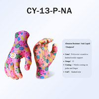 Guantes de Jardinería CY en Oferta, Calibre 13, de Poliéster Floral con Nitrilo, Palma Lisa, Resistentes al Agua, Certificación CE, para Mujer