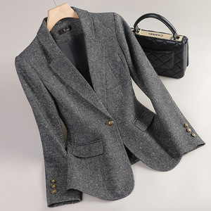 Women's Wool Blazer Brown Solid Color One Button Pocket Design Autumn Winter Coat - Product Image 2