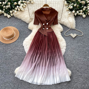 <span class=keywords><strong>Abito</strong></span> lungo da donna elegante con colletto a revers, maniche corte, <span class=keywords><strong>doppiopetto</strong></span>, vita cinata e pieghe sfumate per primavera estate - Product Image 6