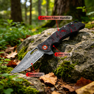Cuchillo de Damasco con Certificación BSCI, Hoja de Damasco, Mango de Fibra de Carbono, Cuchillo Plegable Táctico para Campamento, Supervivencia y Uso Diario - Product Image 5