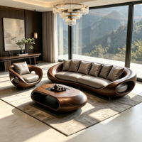 Ensemble de canapés en tissu avec cadre en bois courbé, design moderne et écologique, comprenant un fauteuil et une table basse pour salon