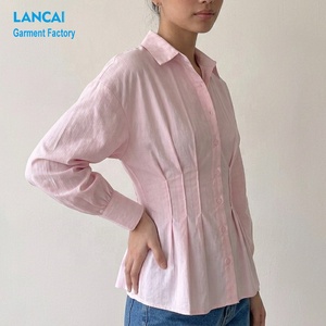 Camisa Personalizable de Fábrica, Blusa Casual de Oficina para Mujer, Clásica, Rosa, con Rayas Finas, Cintura Ajustada, Plisada, Manga Larga, con Botones - Product Image 3