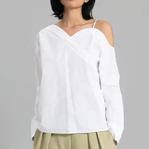 Camisa de linho com manga longa feminina, camisa desenhada em forma de coração e ombro de fora para mulheres