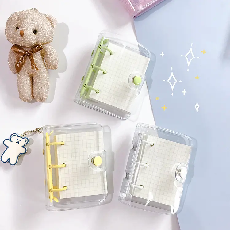 Mini libreta coreana con 3 agujeros, cuaderno con espiral suelta, funda transparente de PVC, Mini cuaderno con corazón para chica, carpeta de hojas sueltas