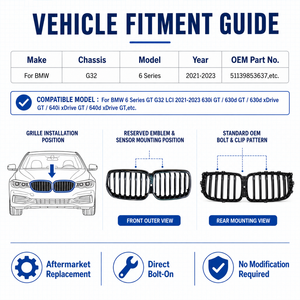 Parrilla Delantera para <span class=keywords><strong>BMW</strong></span> Serie 6 G32 630i 640i, Reemplazo Directo con Pernos, Estilo M Sport, Doble Listón, Negro Brillante, 2017-2023 - Product Image 3